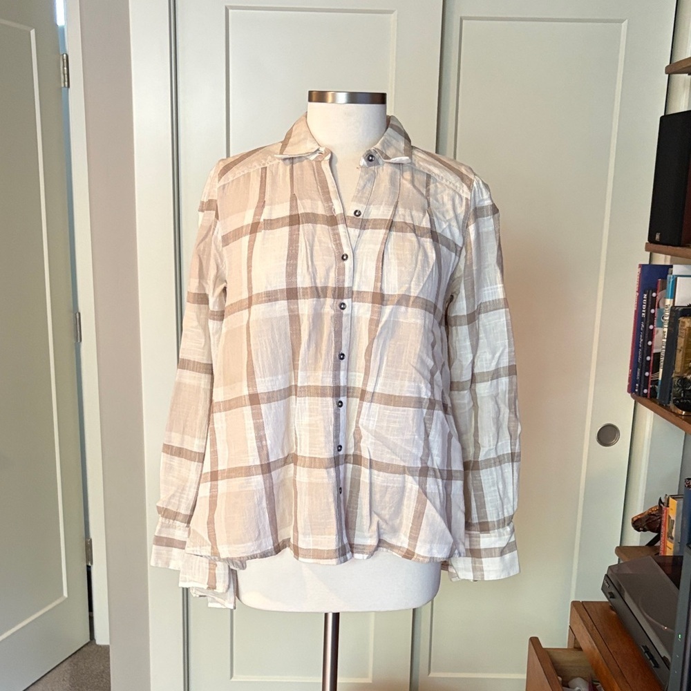 Free People Beige Plaid Blouse